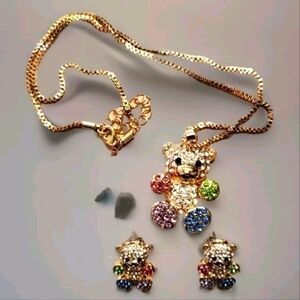 Multi Colored Austrian Crystal Teddy Bear Necklace & Earrings In Stainless Steel
